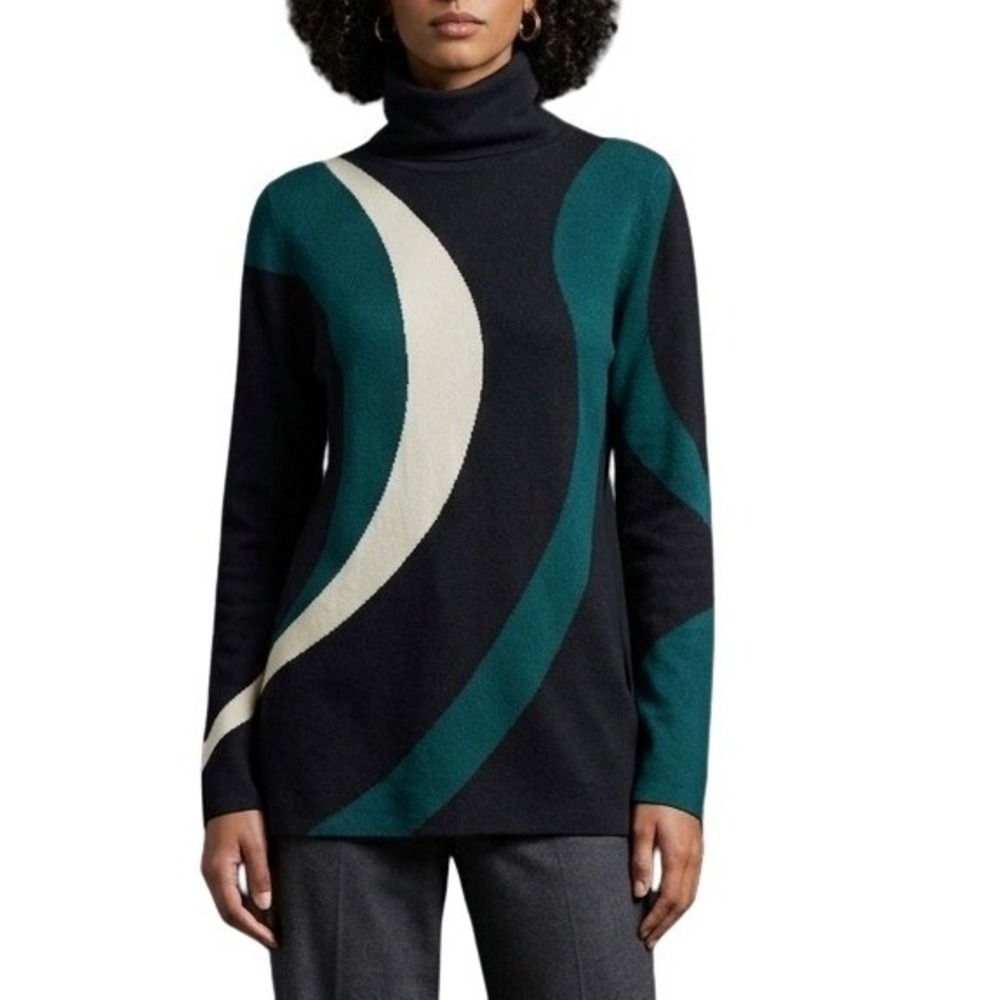 Black Geometric Turtleneck Long Sleeve Preppy Resort Chico's Sweater 1 Medium